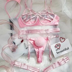 lingerie pink bunny sexy bra panty thong set with tail and ears and leg garter